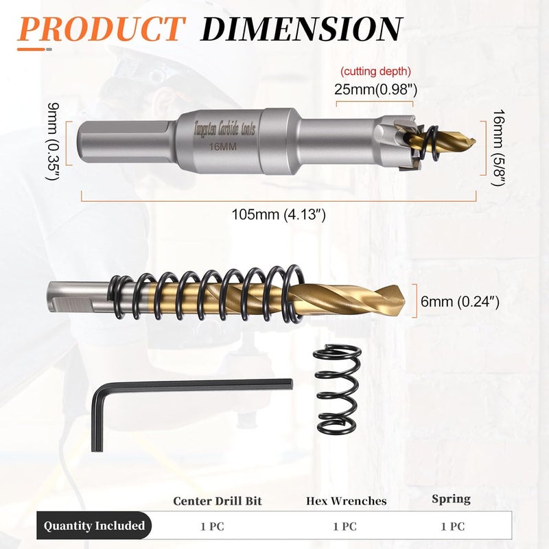 METALLIXITY Hole Saw 16mm (5/8"), Heavy Duty Tungsten Carbide with Center Drill Bit Hex Key Spring - Hole Cutters for Thick Stainless Steel Steel Metal Plates. Silver - Image 2